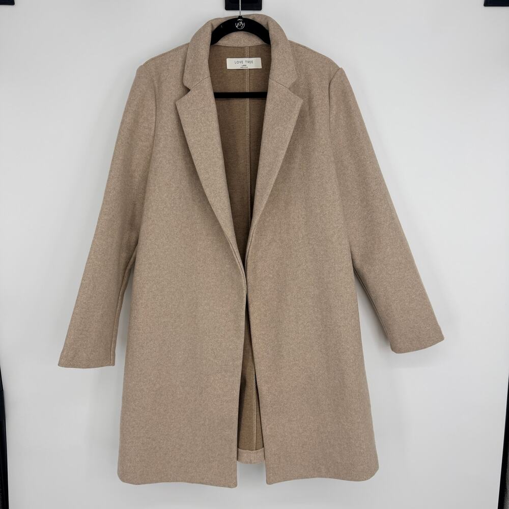 Love Tree Longline Tan Open Front Collared Long Sleeve Coat Womens Large - Picture 1 of 6